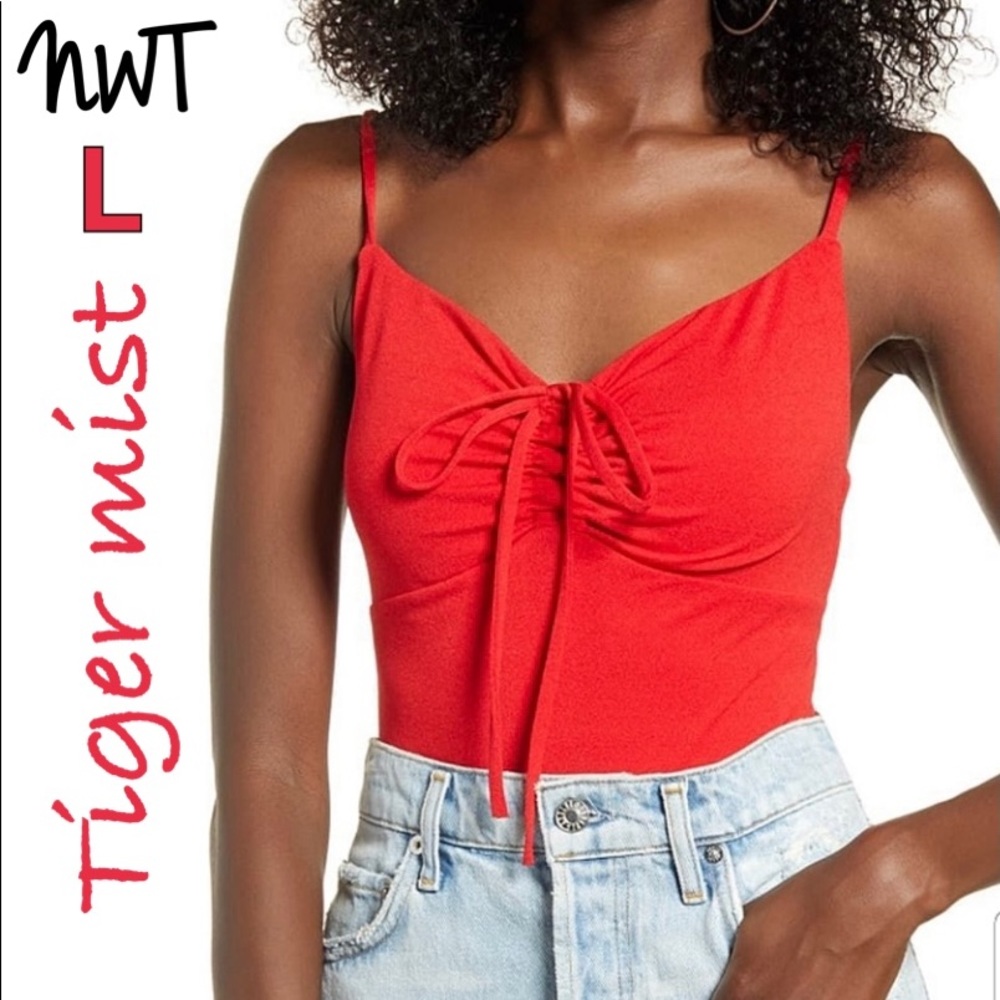 NWT (L) Tiger mist red ruched bodysuit adjustable straps tie front halatian